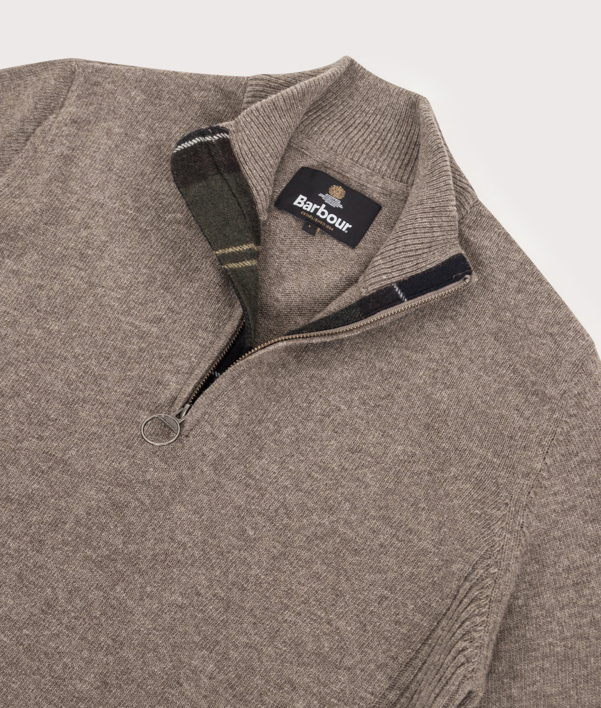 Barbour Lifestyle Regular Fit Holden Quarter Zip Jumper in Military Marl at EQVVS Menswear. Detail shot.