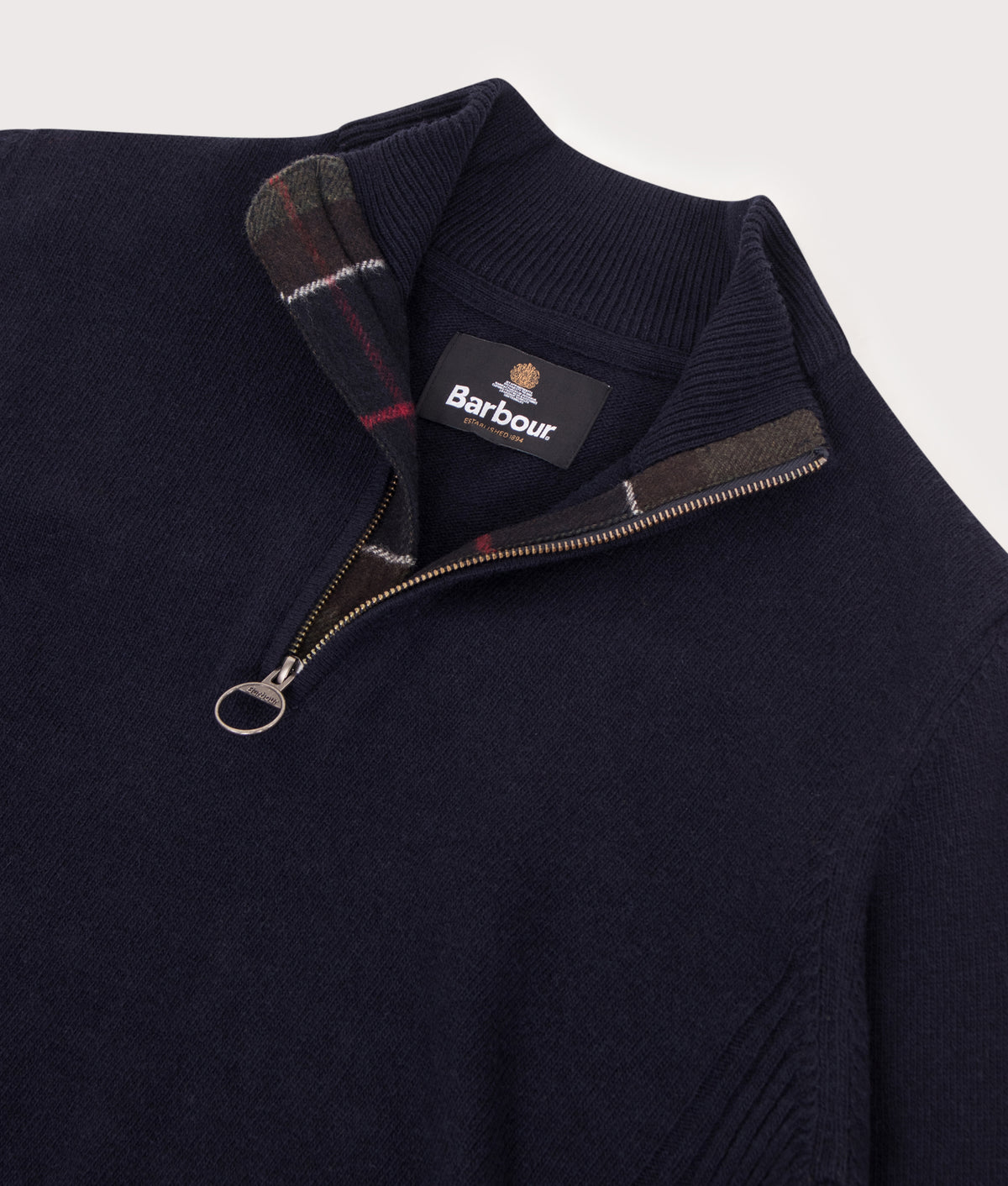 Barbour Lifestyle Regular Fit Holden Quarter Zip Jumper in Navy at EQVVS Menswear. Detail shot.