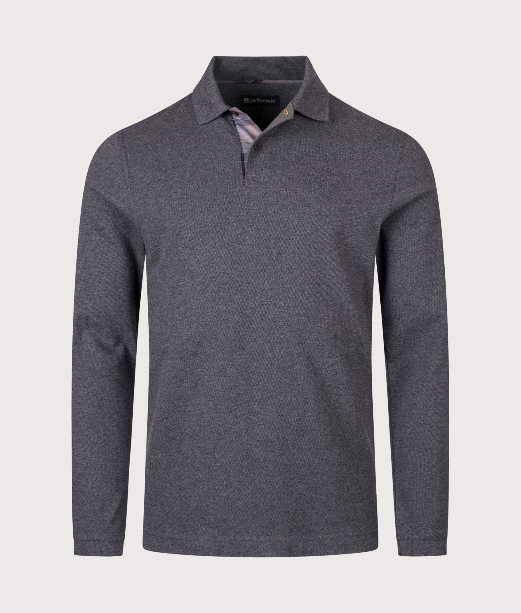Long Sleeve Tartan Placket Polo Shirt in Grey | 100% Cotton | Barbour Lifestyle | Shot at EQVVS | Front shot 