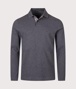 Long Sleeve Tartan Placket Polo Shirt in Grey | 100% Cotton | Barbour Lifestyle | Shot at EQVVS | Front shot 