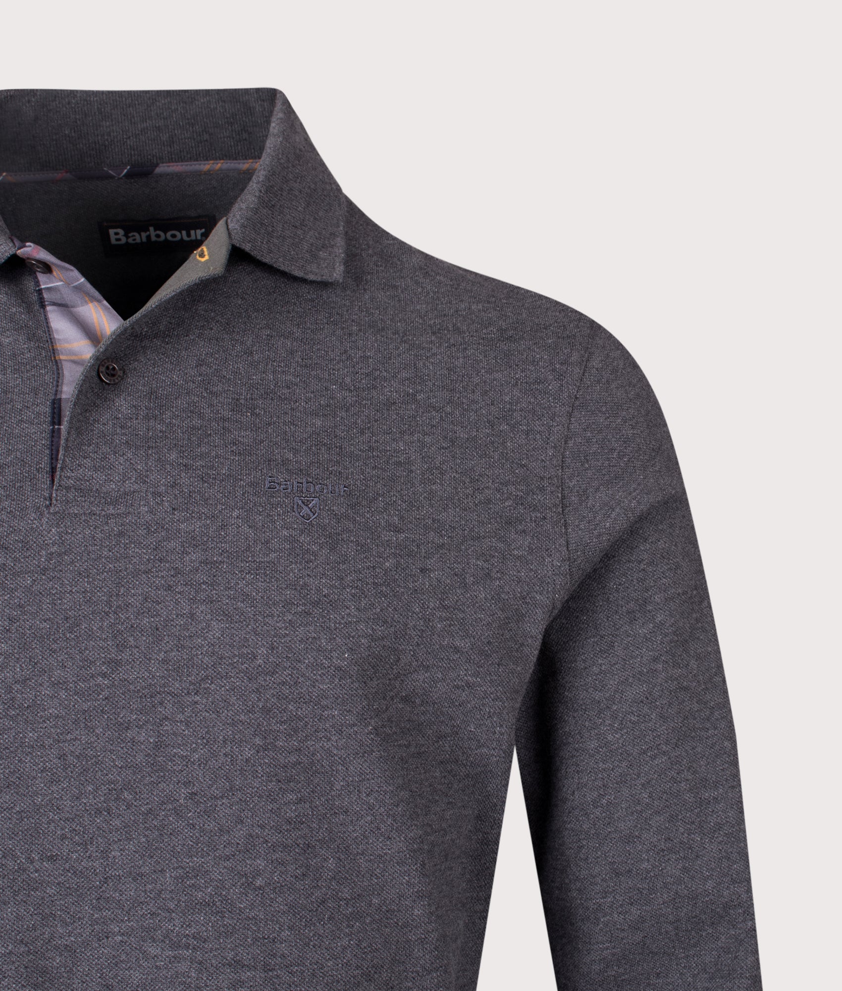 Long Sleeve Tartan Placket Polo Shirt in Grey | 100% Cotton | Barbour Lifestyle | Shot at EQVVS | Front detail shot 