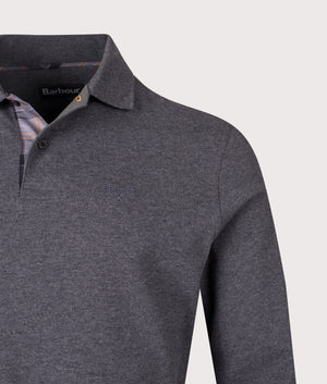 Long Sleeve Tartan Placket Polo Shirt in Grey | 100% Cotton | Barbour Lifestyle | Shot at EQVVS | Front detail shot 