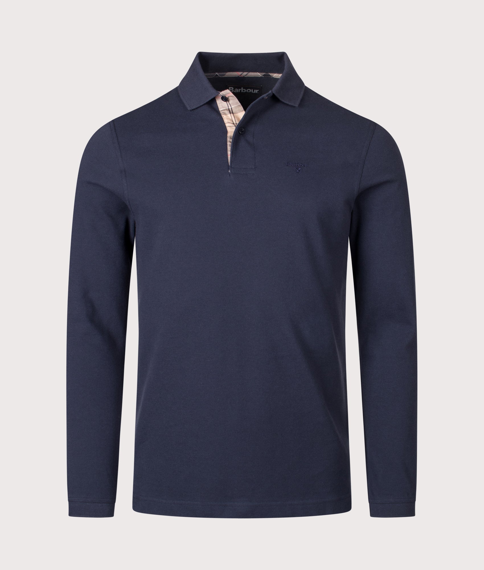 Long Sleeve Tartan Placket Polo Shirt in Navy | 100% Cotton | Barbour Lifestyle | Shot at EQVVS | Front shot 