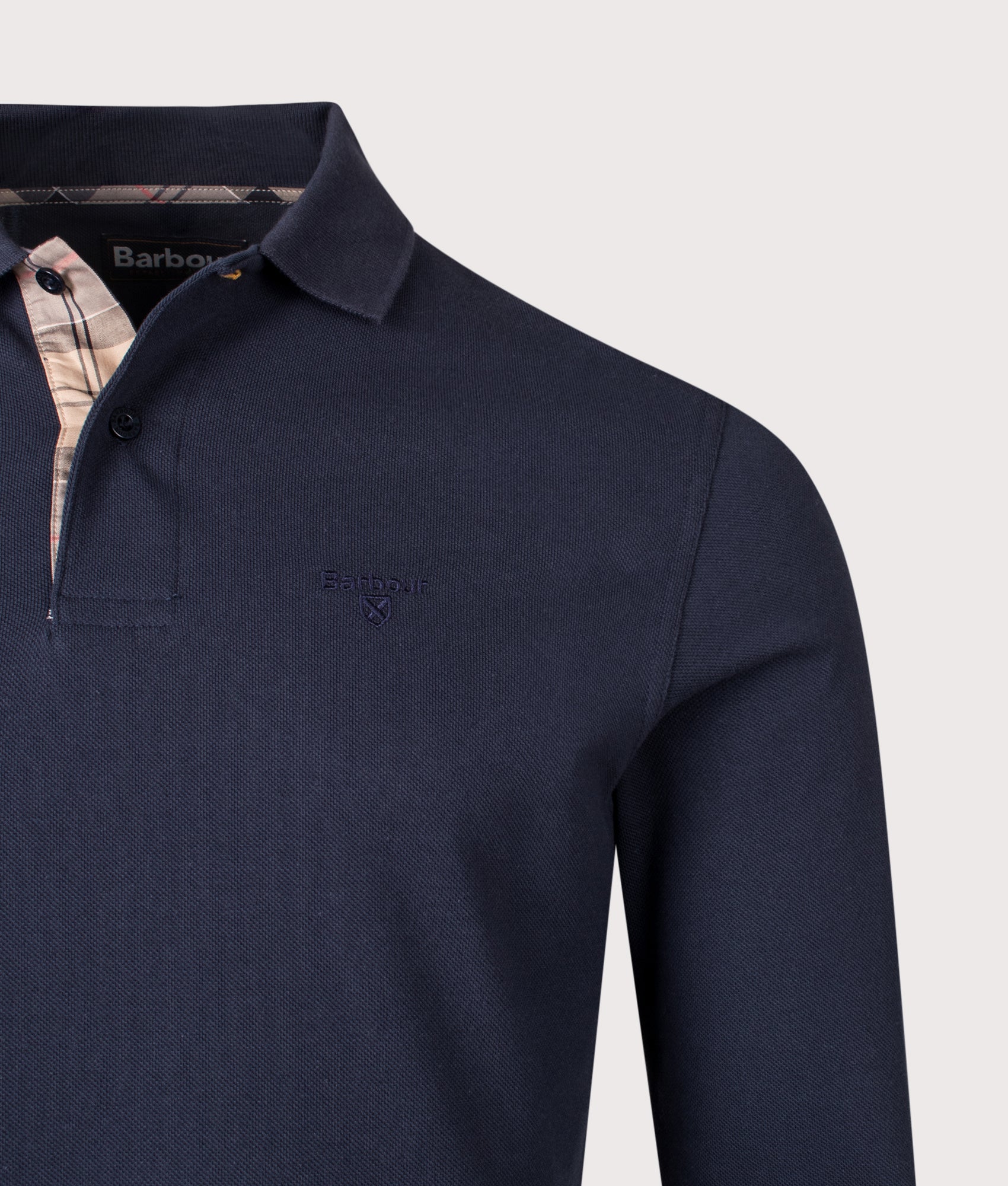 Long Sleeve Tartan Placket Polo Shirt in Navy | 100% Cotton | Barbour Lifestyle | Shot at EQVVS | Front detail shot 