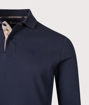 Long Sleeve Tartan Placket Polo Shirt in Navy | 100% Cotton | Barbour Lifestyle | Shot at EQVVS | Front detail shot 