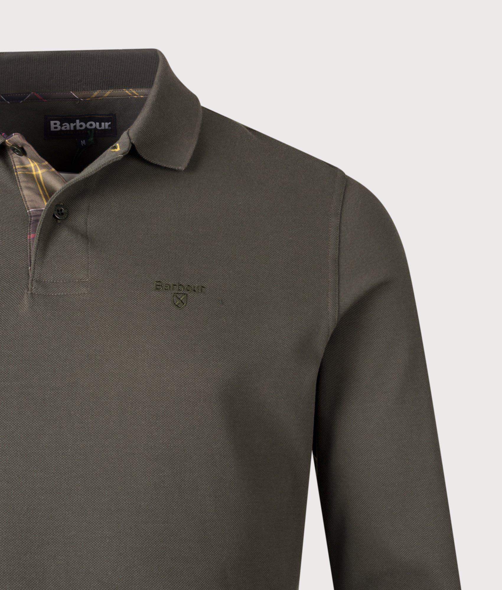 Long Sleeve Tartan Placket Polo Shirt in Forest | Barbour Lifestyle | Shot at EQVVS | Front detail shot 