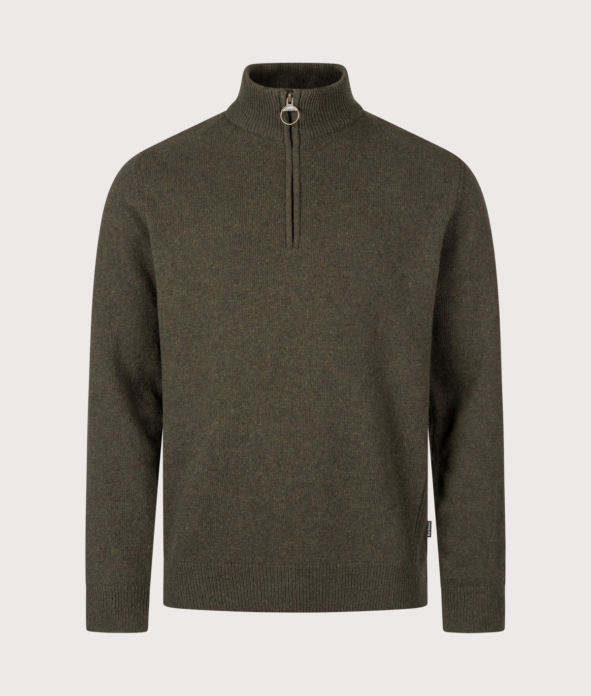 Barbour Lifestyle Regular Fit Holden Quarter Zip Jumper in Olive Marl at EQVVS Menswear. Front shot.