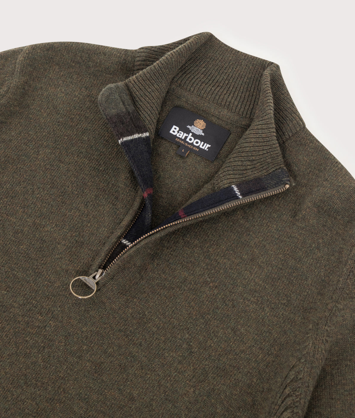 Barbour Lifestyle Regular Fit Holden Quarter Zip Jumper in Olive Marl at EQVVS Menswear. Detail shot.