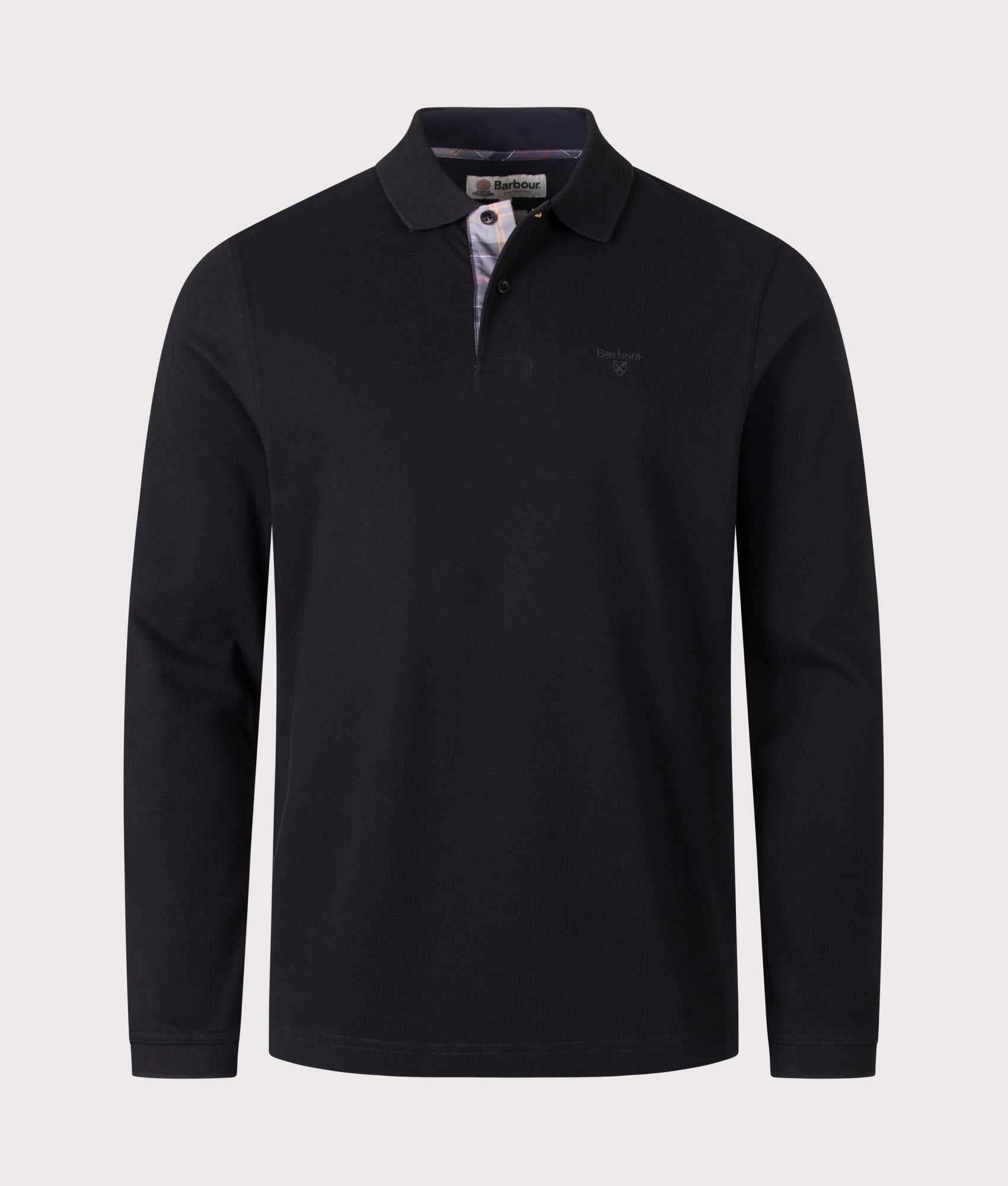 Barbour Lifestyle Regular Fit Essential Long Sleeve Tartan Piqué Polo Shirt in Black at EQVVS Menswear. Front shot.