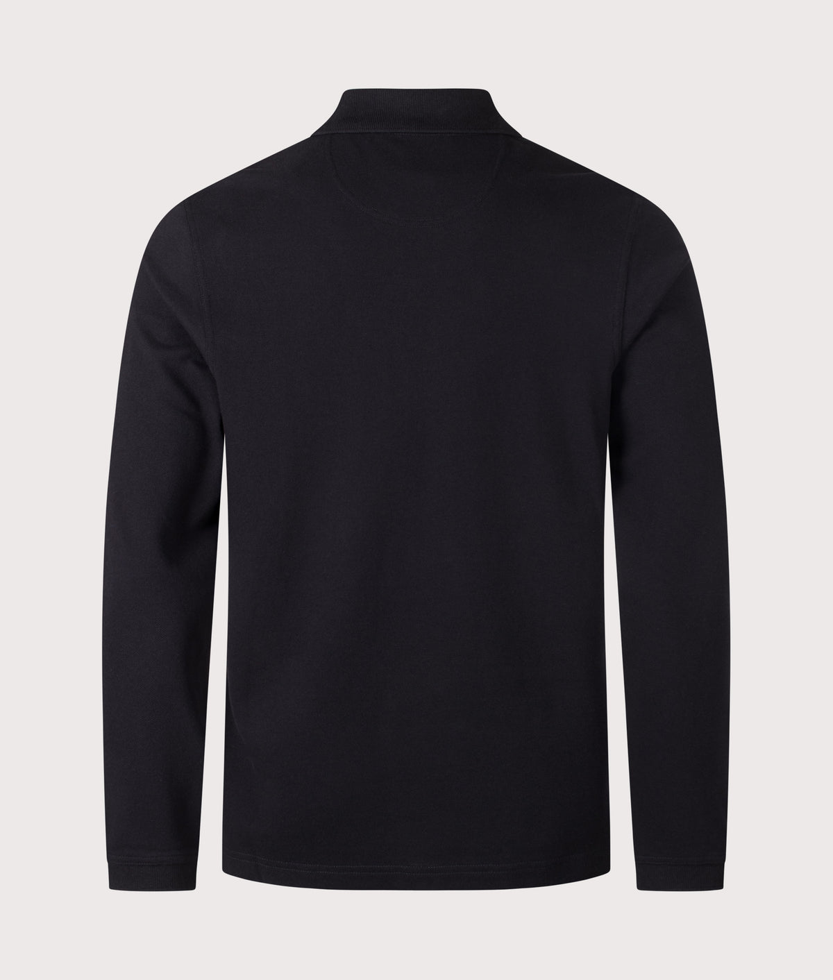 Barbour Lifestyle Regular Fit Essential Long Sleeve Tartan Piqué Polo Shirt in Black at EQVVS Menswear. Back shot.