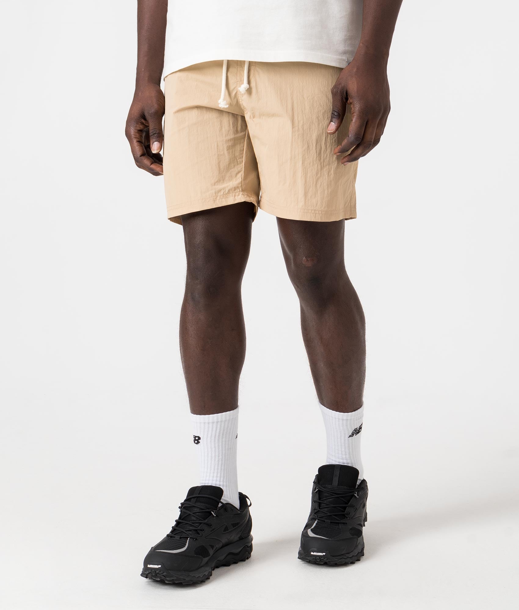 Beach Check Pocket Shorts in Beige by Aquascutum. EQVVS Side Angle Shot.
