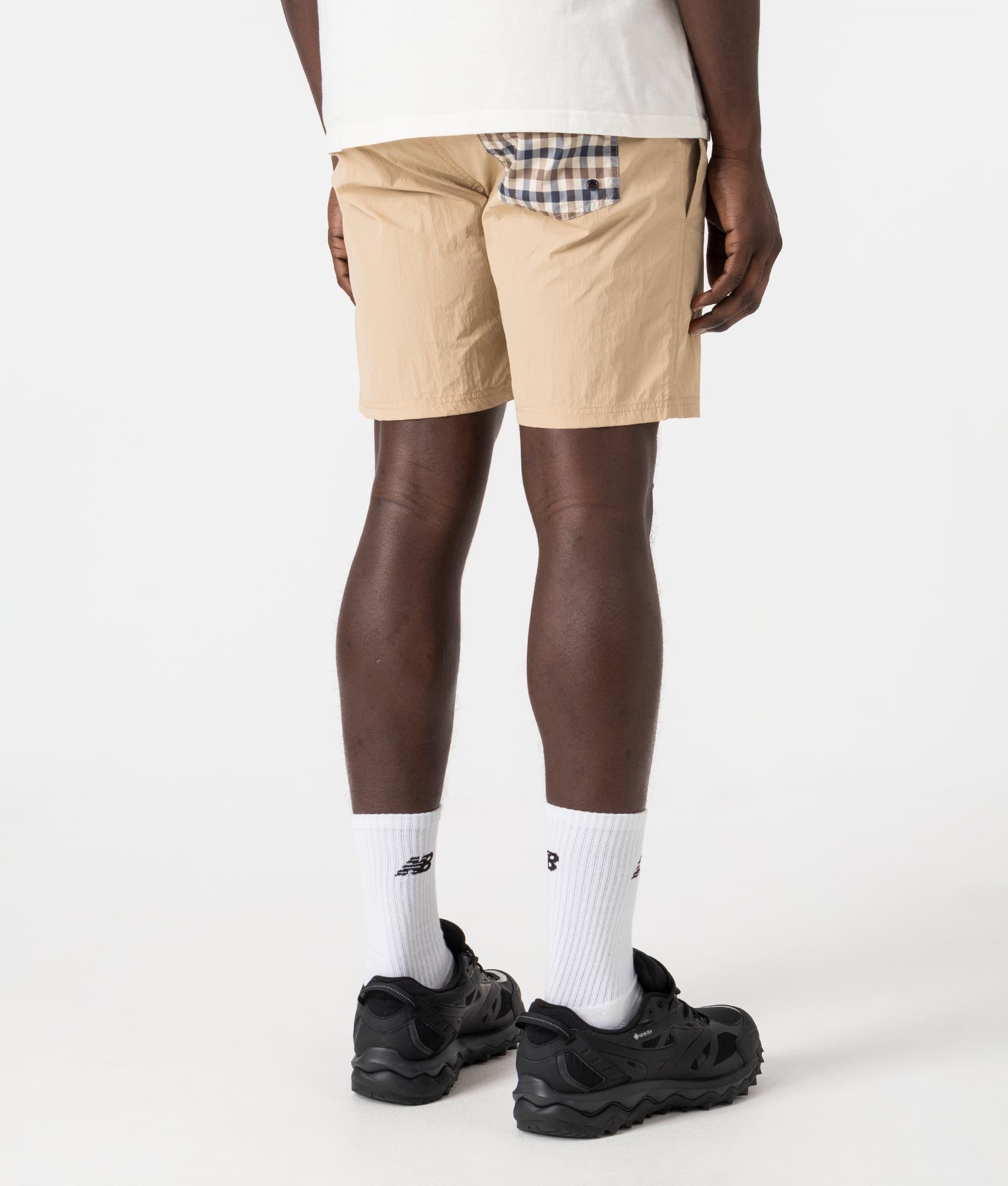 Beach Check Pocket Shorts in Beige by Aquascutum. EQVVS Back Angle Shot.