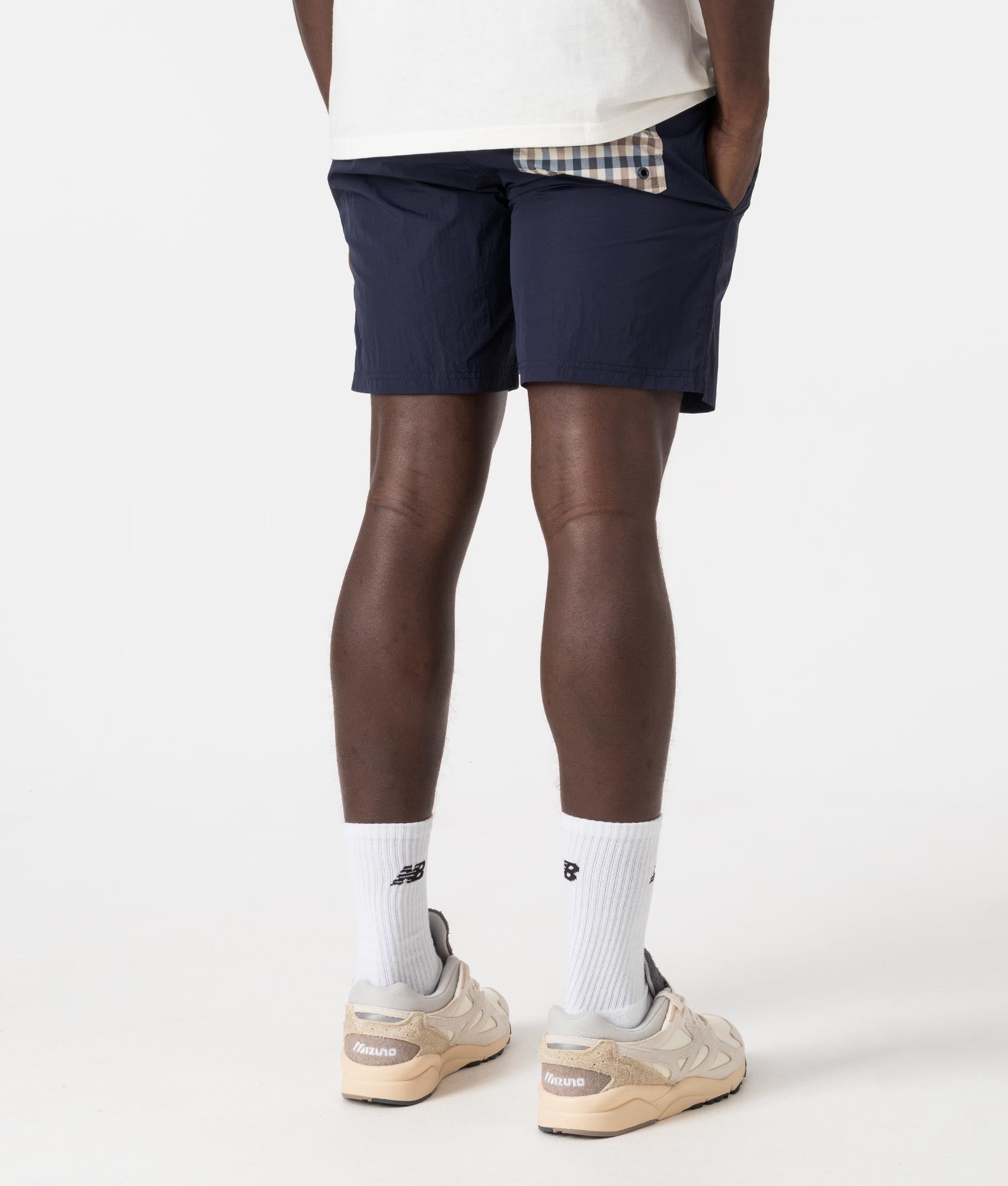 Beach Check Pocket Shorts in Navy by Aquascutum. EQVVS Back Angle Shot.
