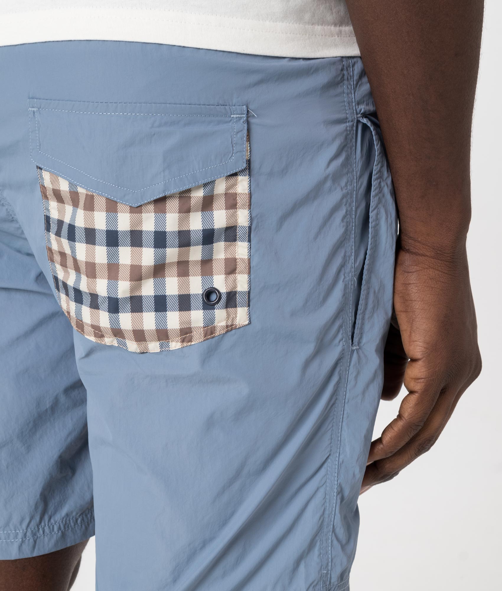 Beach Check Pocket Shorts in Dust by Aquascutum. EQVVS Detail Shot