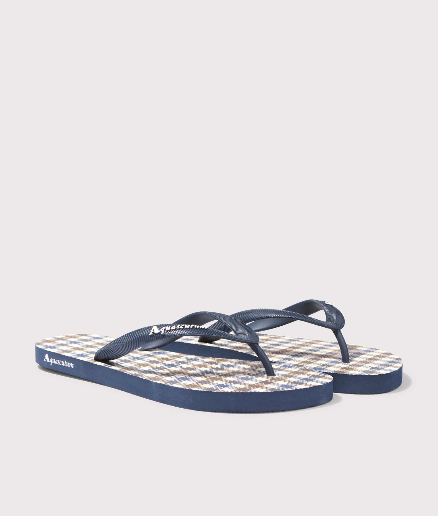 Beach Check Flip Flops in Navy by Aquascutum. EQVVS Side Pair Shot.