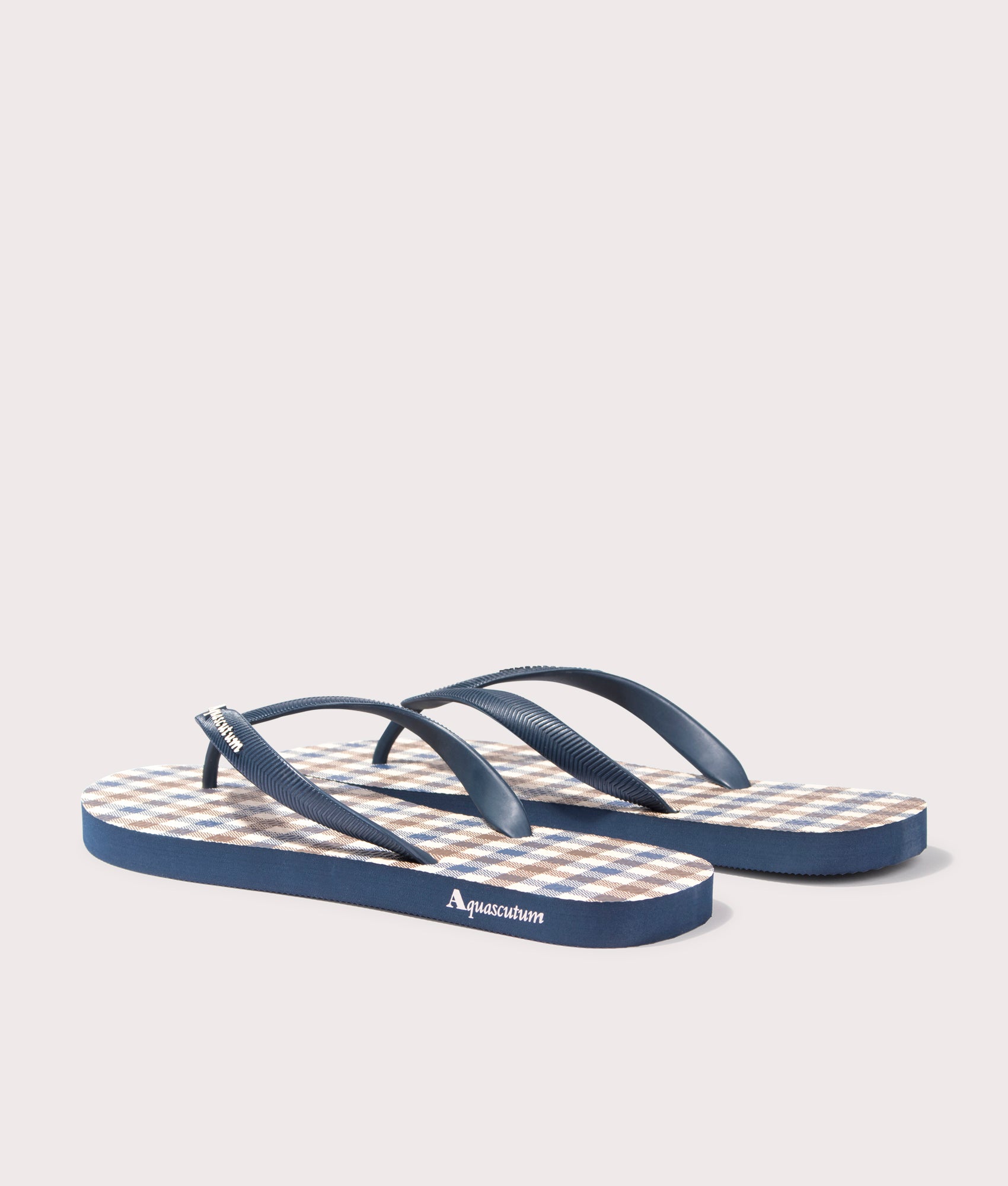 Beach Check Flip Flops in Navy by Aquascutum. EQVVS Back Pair Shot.