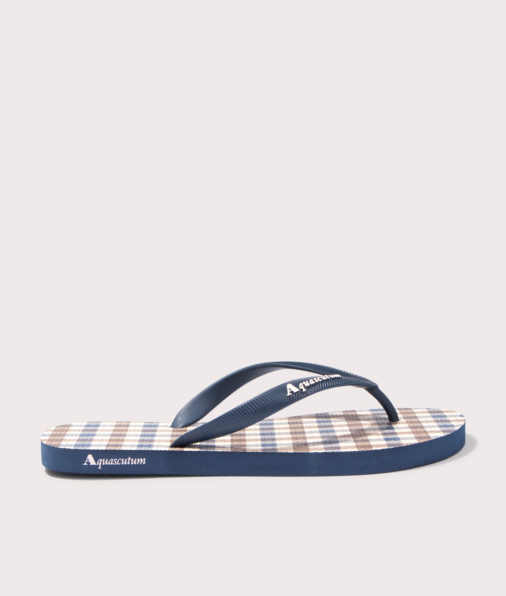 Beach Check Flip Flops in Navy by Aquascutum. EQVVS Side Angle Shot.