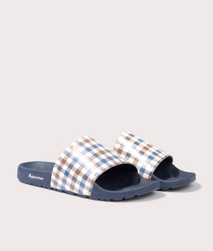 Beach Check Sliders in Navy by Aquascutum. EQVVS Side Pair Shot.