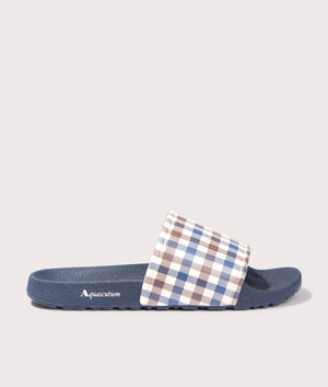 Beach Check Sliders in Navy by Aquascutum. EQVVS Side Angle Shot.