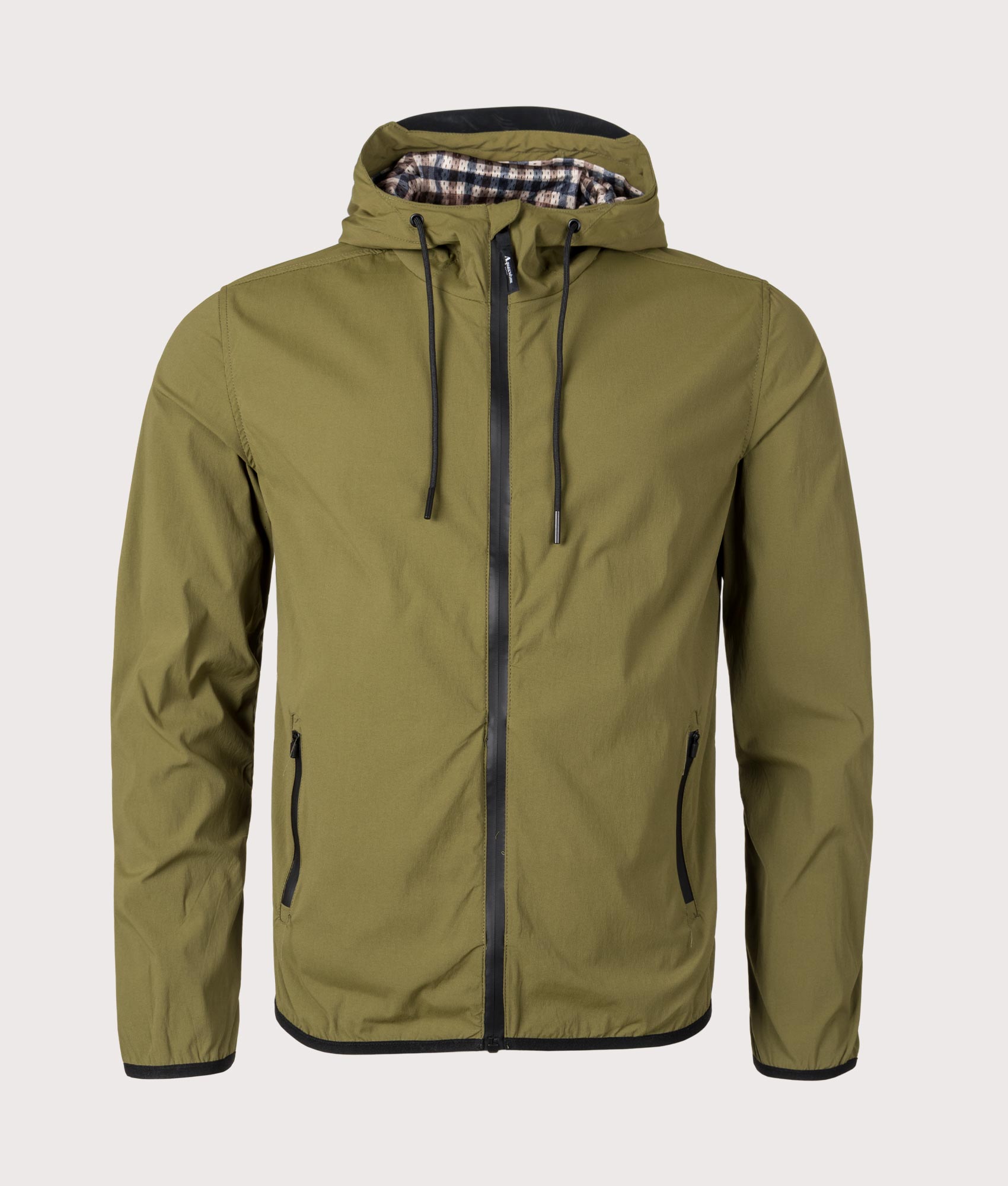 Active Hooded Shell Jacket in Army Green by Aquascutum. EQVVS Front Angle Shot.