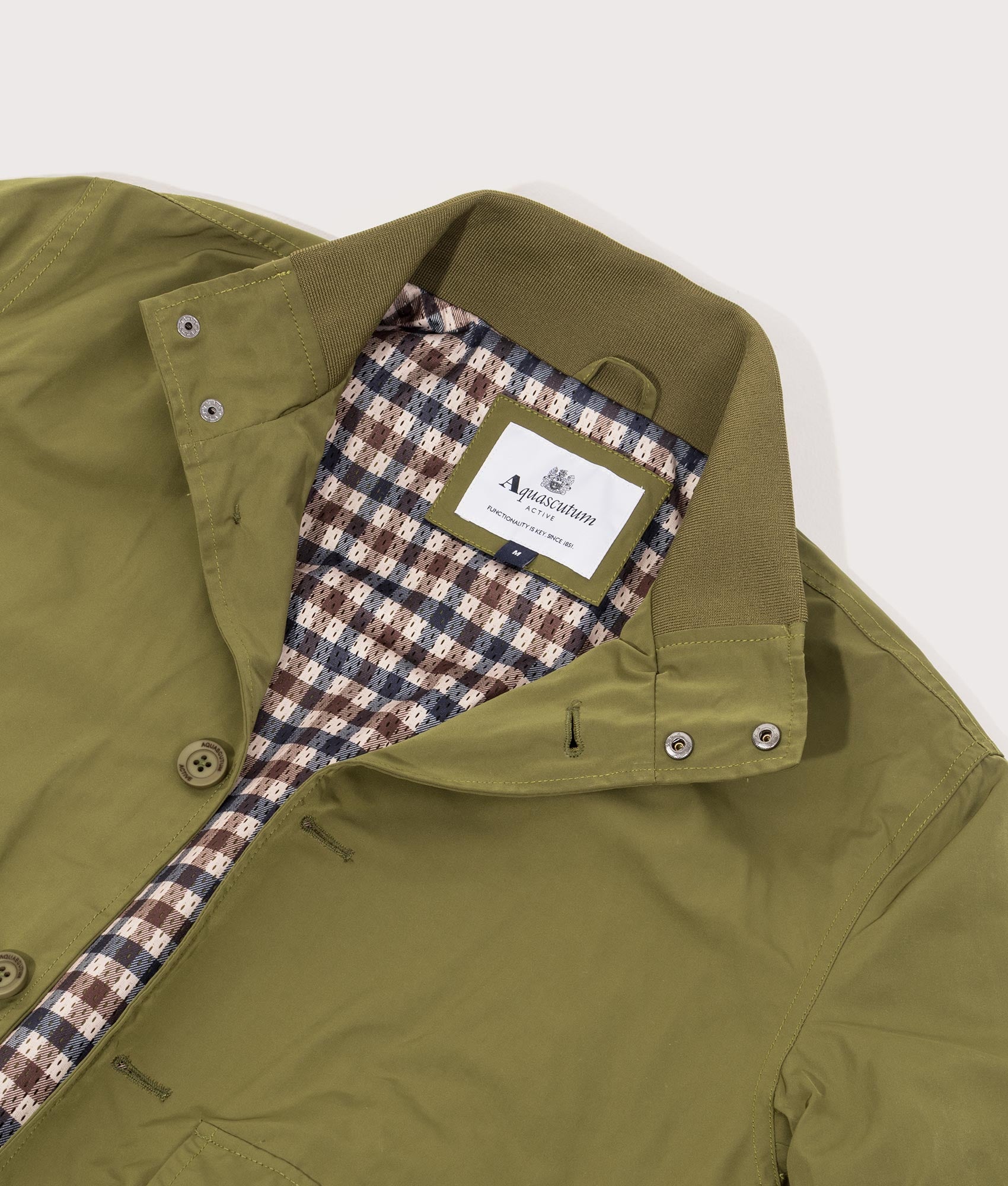 Active Hydro Fabric Urban Jacket in Army Green by Aquascutum. EQVVS Detail Shot.