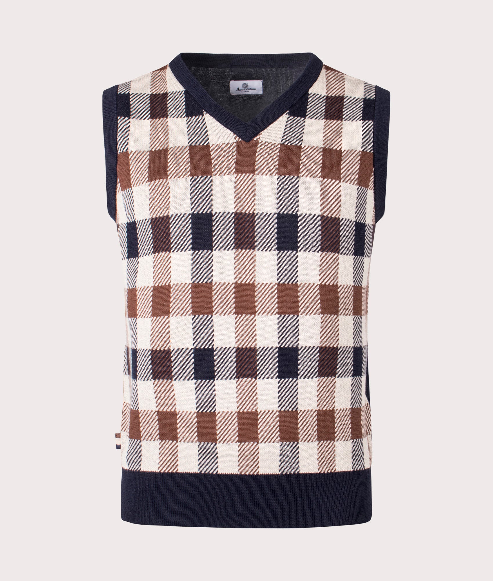 Active Macro Check Vest in Navy by Aquascutum. EQVVS Front Angle Shot.