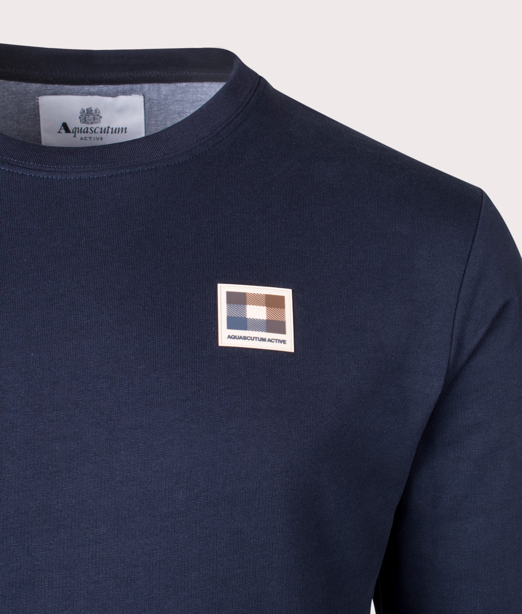 Active Club Check Patch Sweatshirt in Navy by Aquascutum. EQVVS Detail Shot.