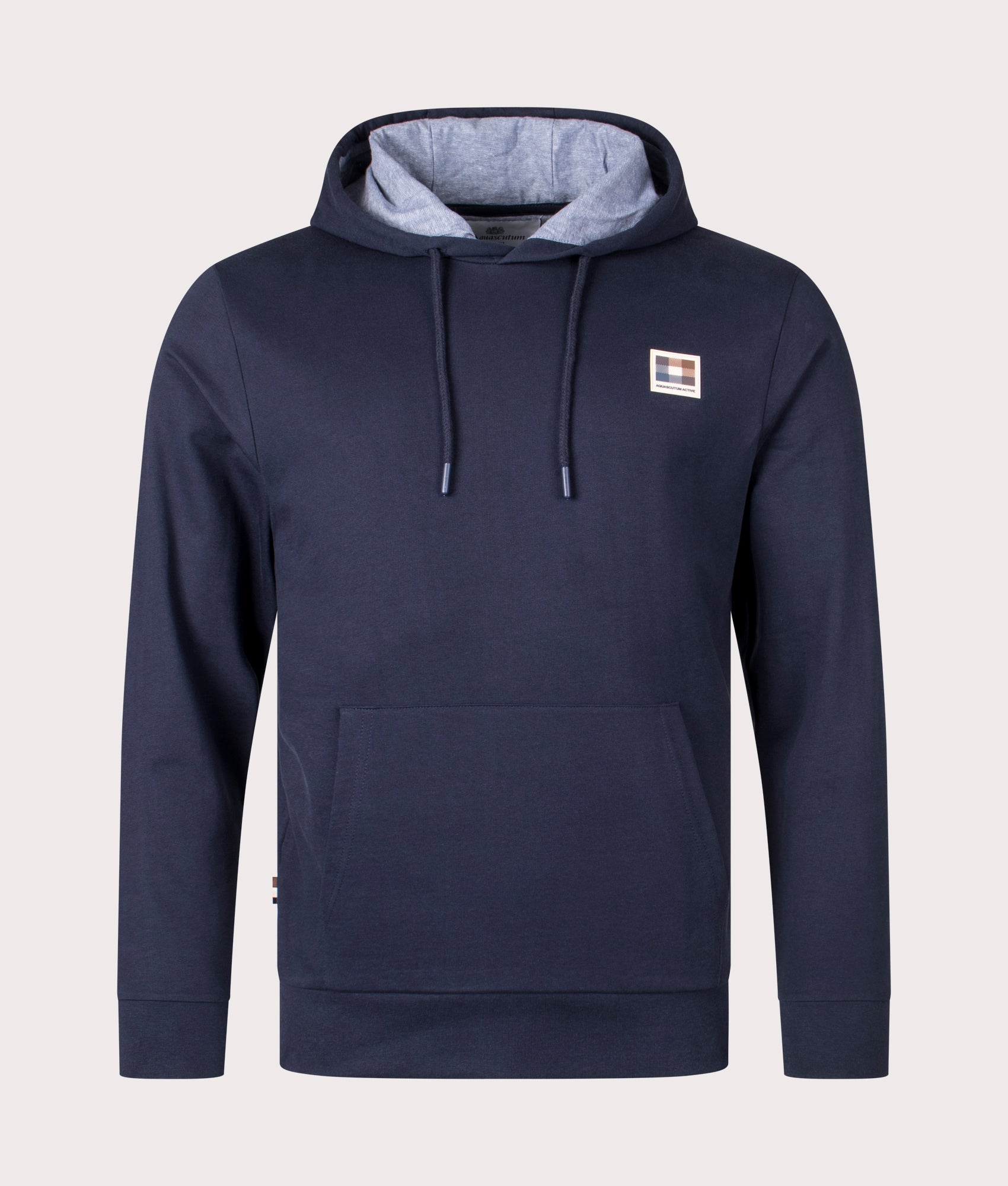 Active Club Check Patch Hoodie in Navy by Aquascutum. EQVVS Front AngleShot.