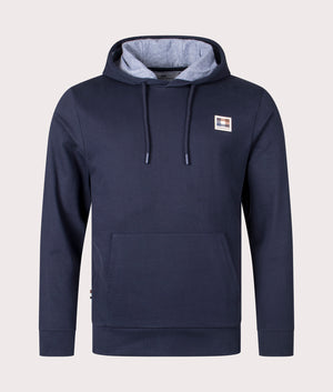 Active Club Check Patch Hoodie in Navy by Aquascutum. EQVVS Front AngleShot.