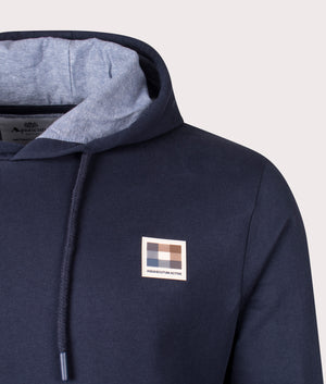 Active Club Check Patch Hoodie in Navy by Aquascutum. EQVVS detail Shot.