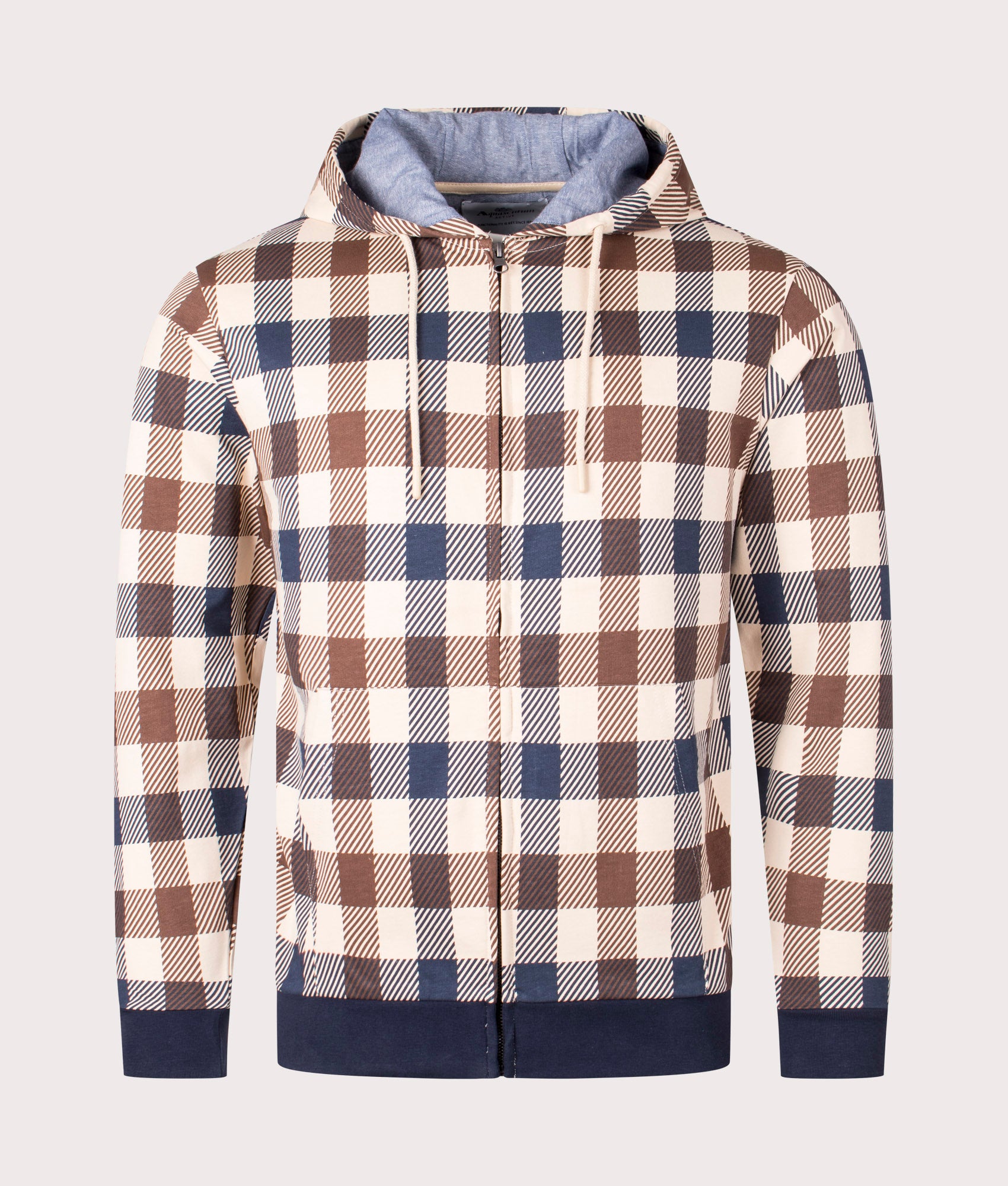 Macro Check Full Zip Hoodie in Navy by Aquascutum. EQVVS front angle shot.