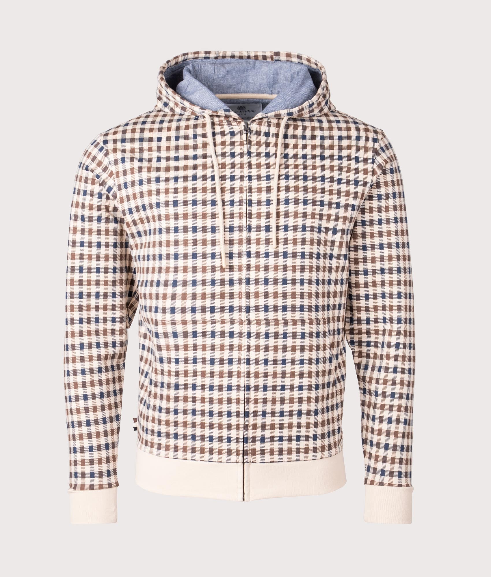 Active Club Check Zip Through Hoodie in Beige by Aquascutum. EQVVS Front Angle Shot.