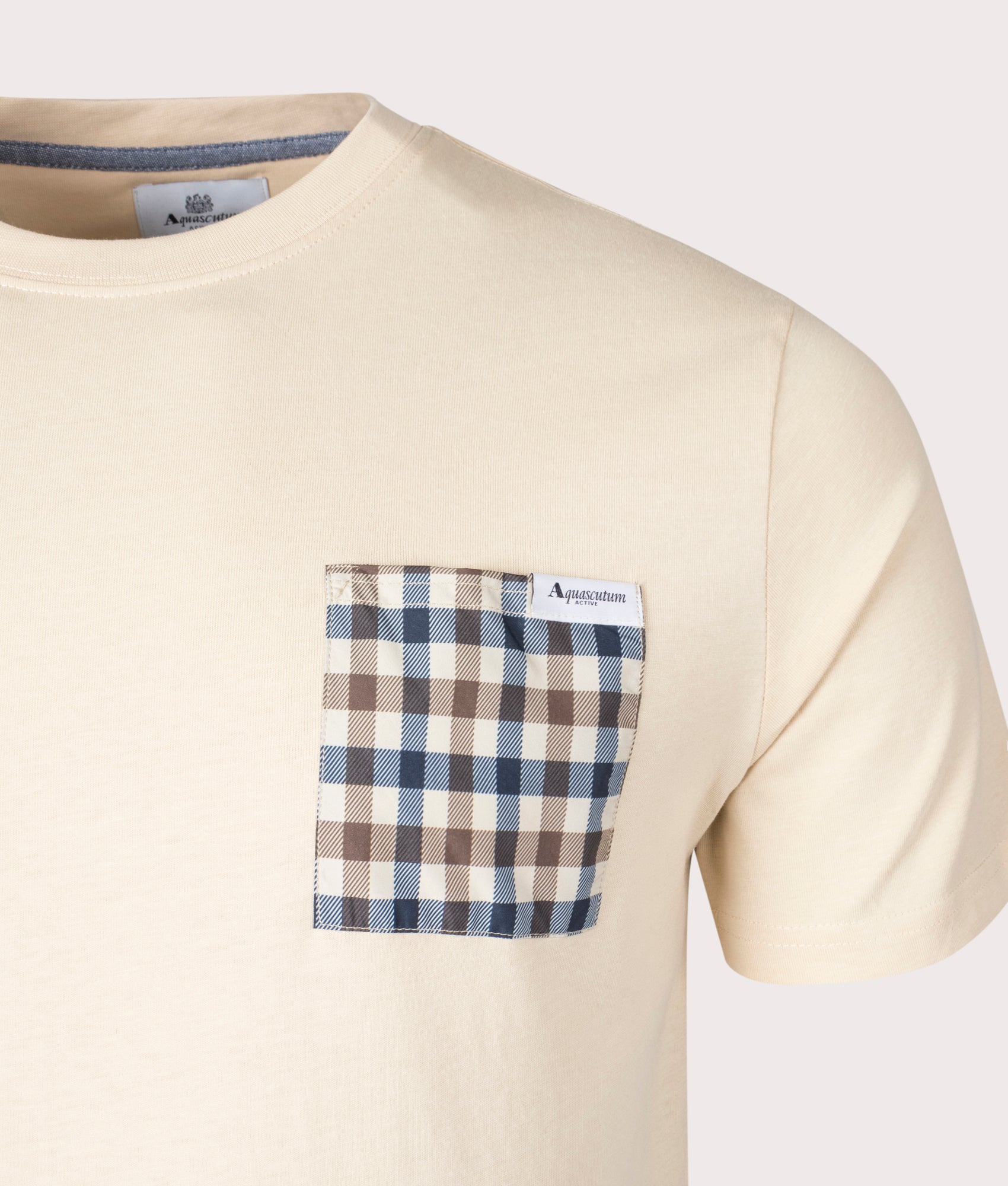 Active Club Check Pocket T-Shirt in Beige by Aquascutum. EQVVS Detail Shot.