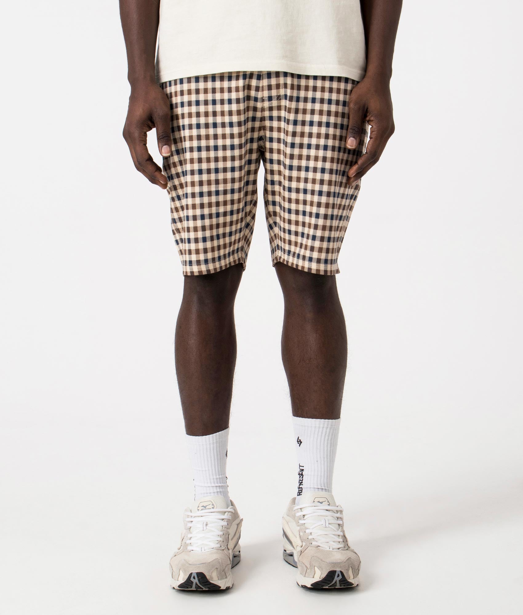 Active Club Check Shorts in Navy by Aquascutum. EQVVS Front Angle Shot