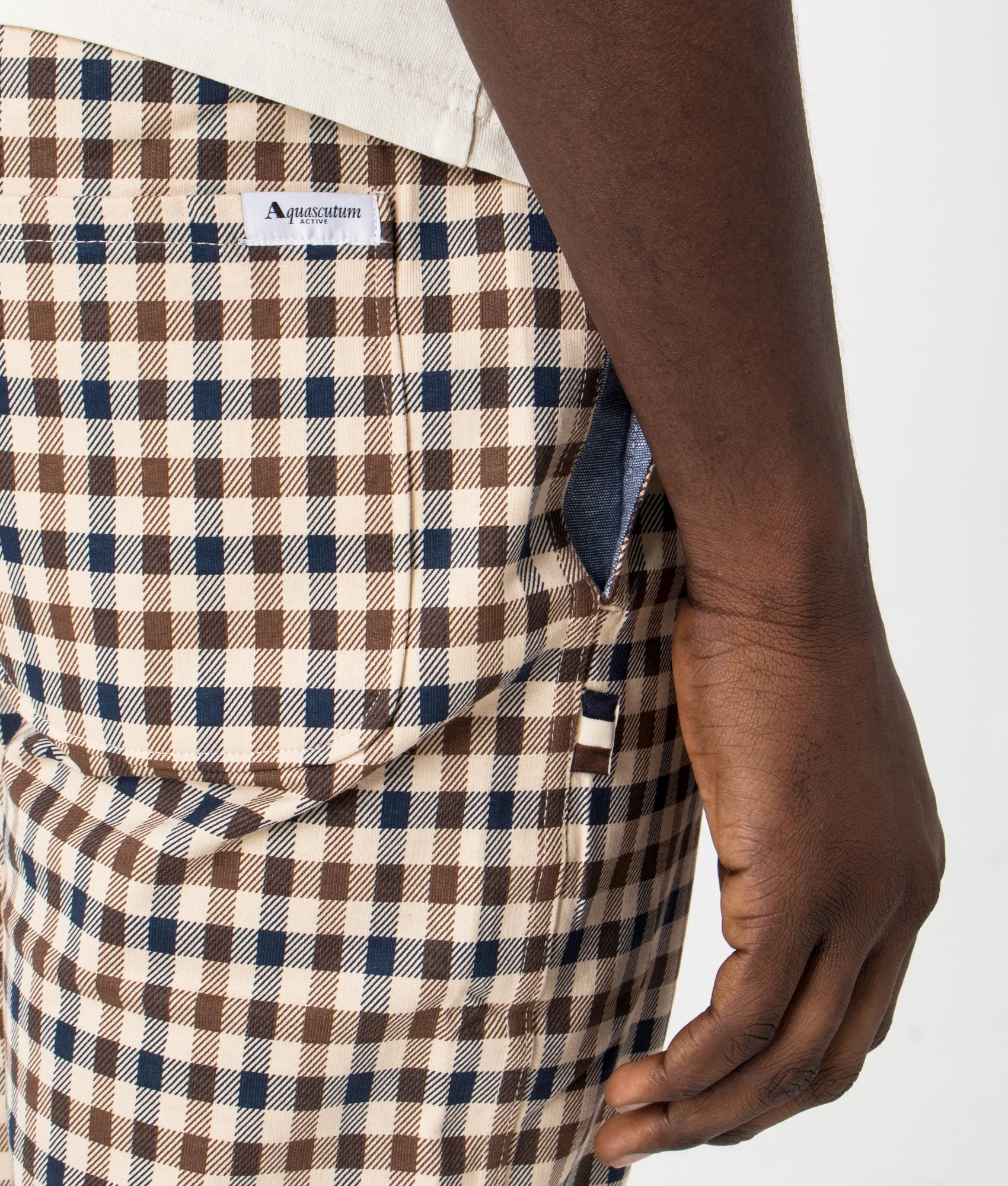 Active Club Check Shorts in Navy by Aquascutum. EQVVS Detail Shot