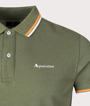 Active Cotton Stripes Dry-Fit Polo Shirt in Army Green by Aquascutum. EQVVS Detail Shot.