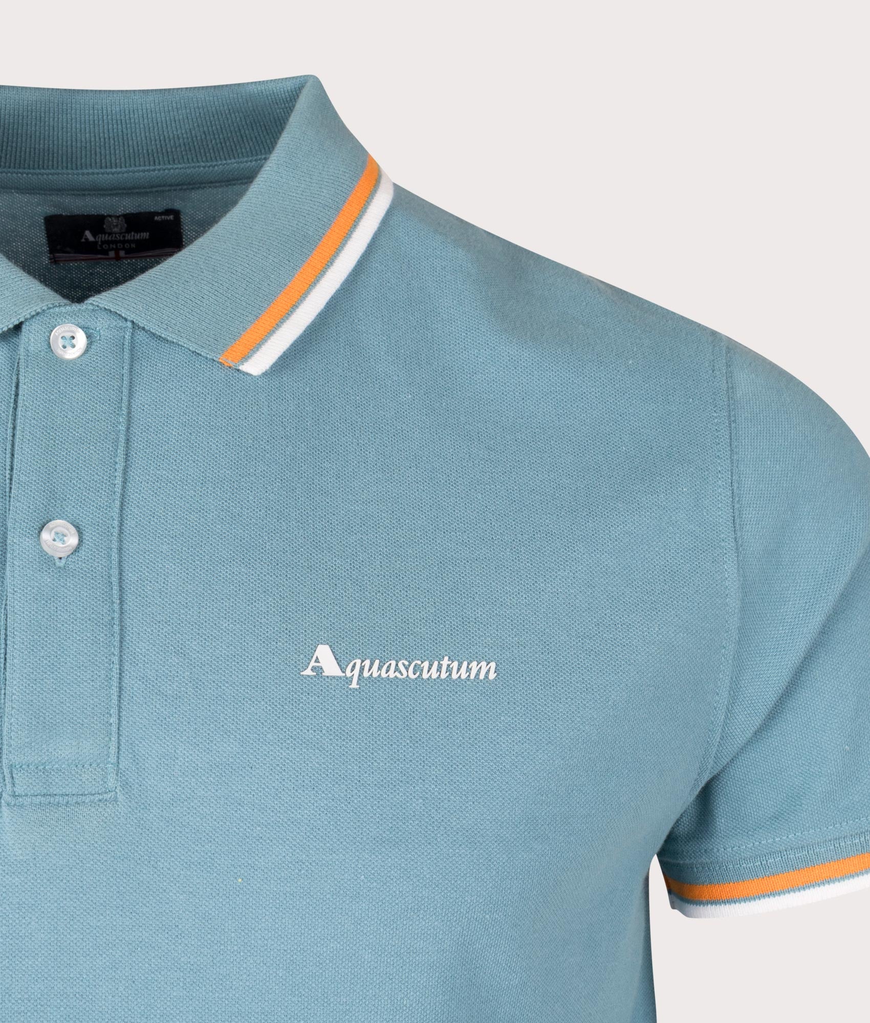Active Cotton Stripes Dry-Fit Polo Shirt in Avio by Aquascutum. EQVVS Detail Shot.