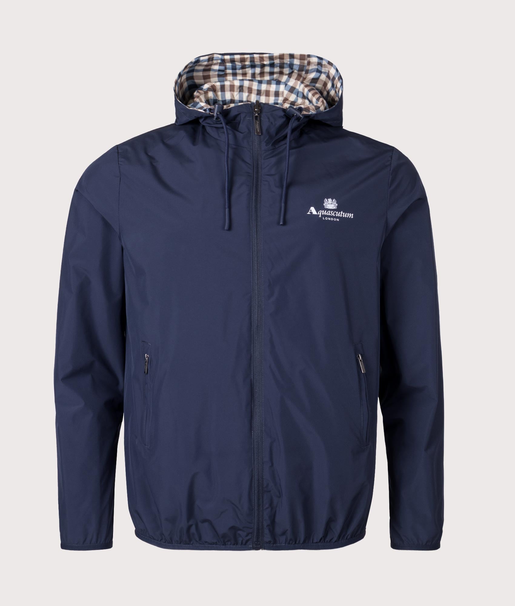 Sailor Check Reversible Jacket in Navy by Aquascutum. EQVVS Front Angle Shot.