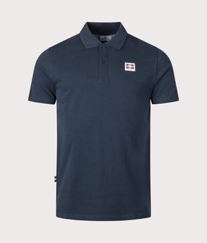 Active Check Patch Polo Shirt in Navy by Aquascutum. EQVVS front angle shot.