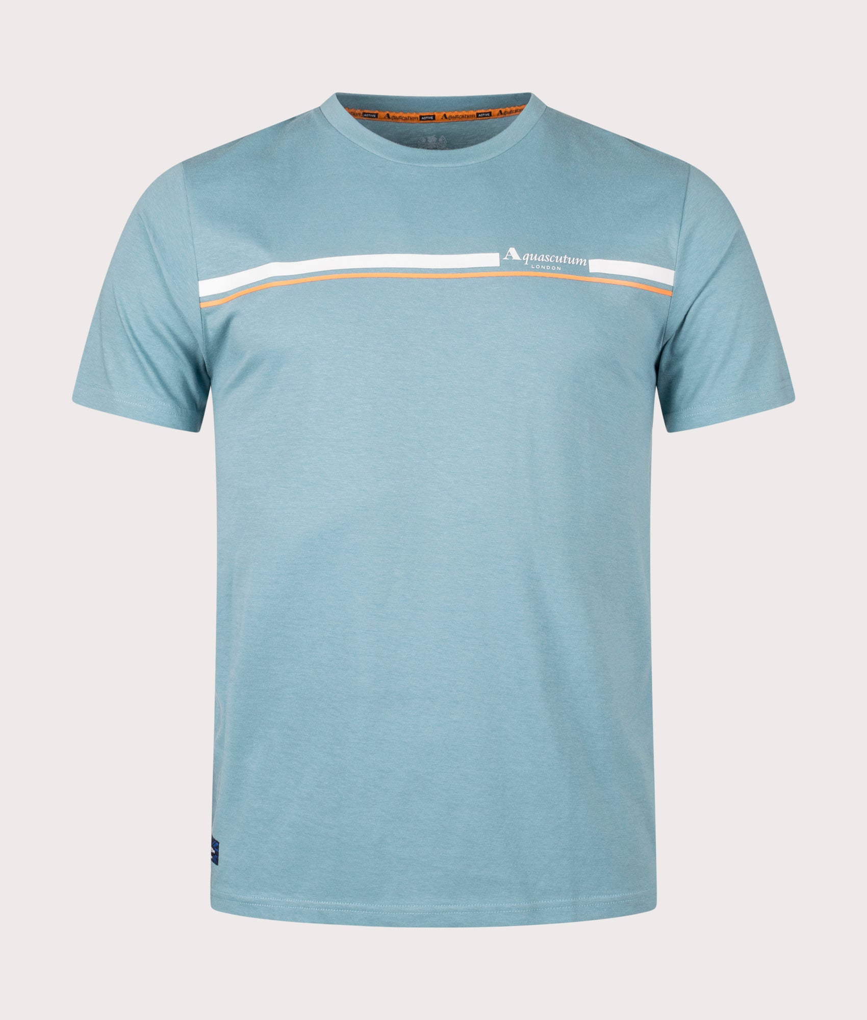 Active Cotton Stripes T-Shirt in Avio by Aquascutum. EQVVS Front Angle Shot.