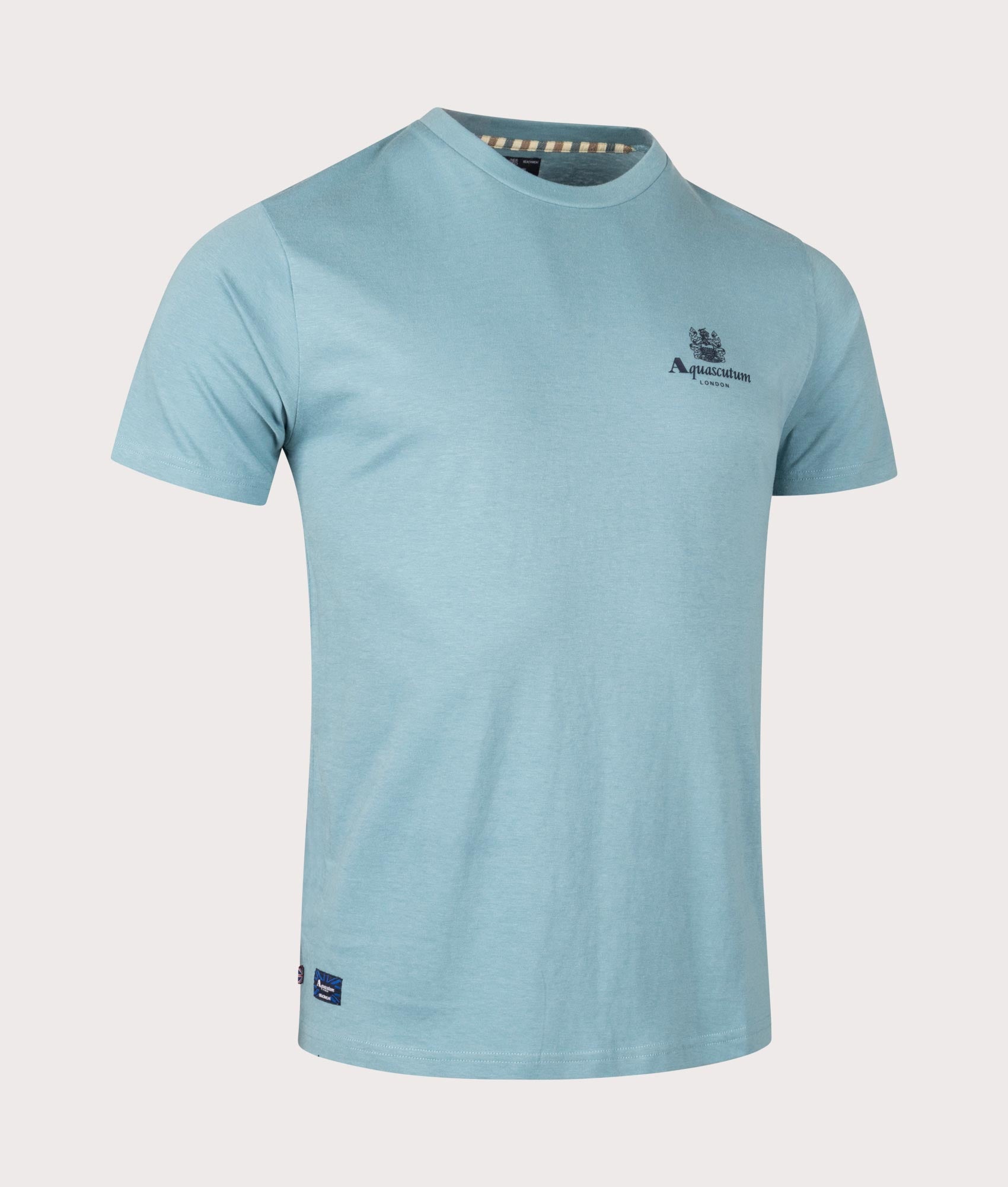 Beach Basic Small Logo T-Shirt in Avio by Aquascutum. EQVVS Side Angle Shot.