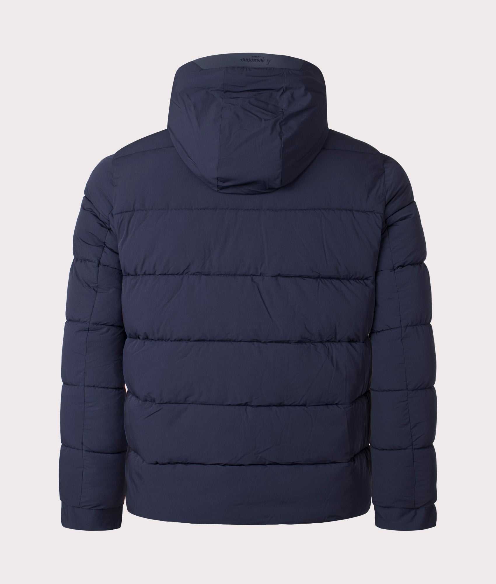 SP Hooded Puffer Coat in Navy by Aquascutum. Shot at EQVVS. Reverse shot. 