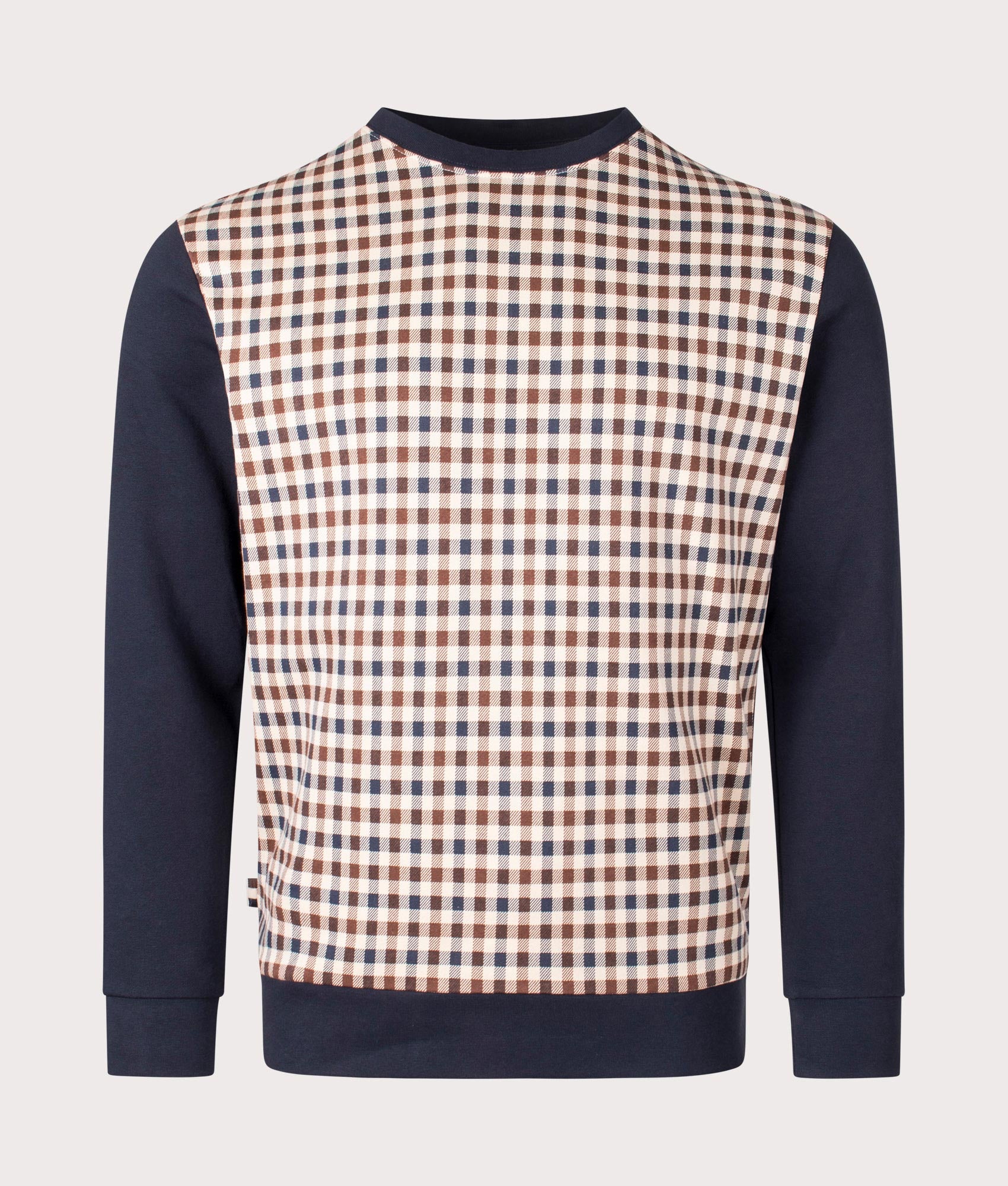 Aquascutum Active Club Check Crewneck Sweatshirt in Navy, 100% Organic Cotton. EQVVS Front Shot