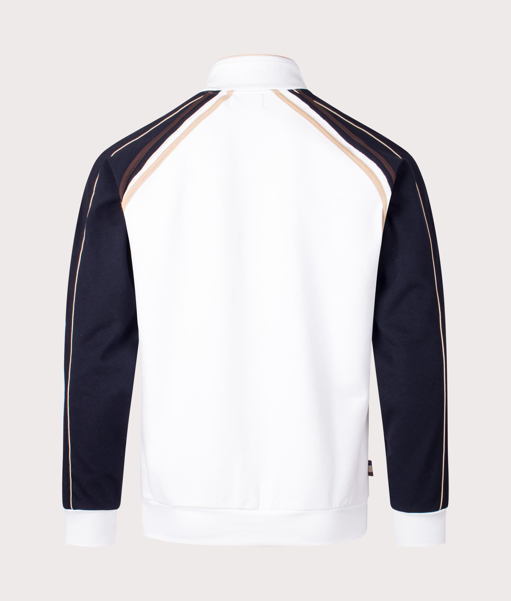 Optical White Mockneck Track Top by Aquascutum. Shot at EQVVS. Reverse shot. 