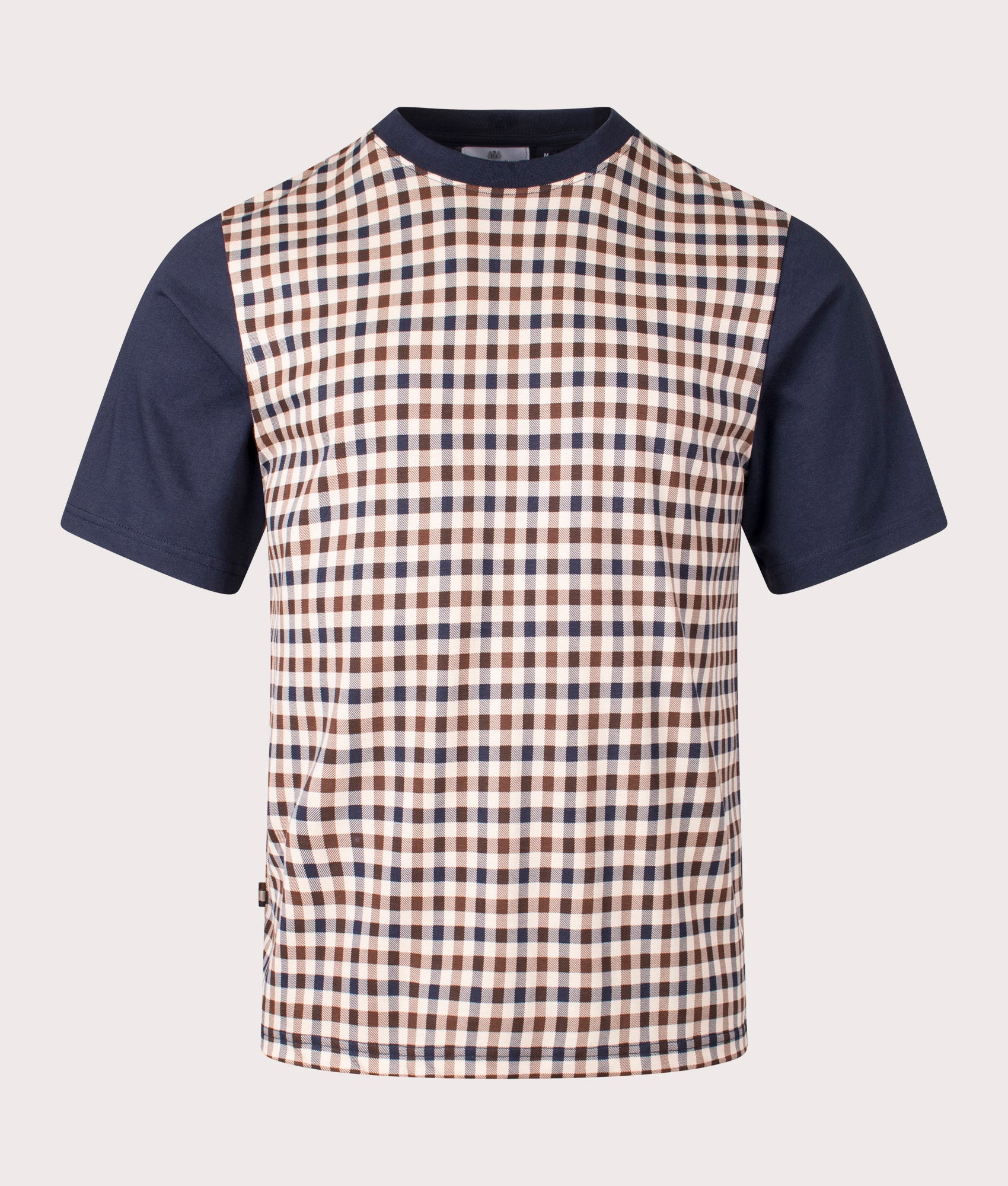 Aquascutum Club Check T-Shirt in Navy. Shot at EQVVS. Front shot. 