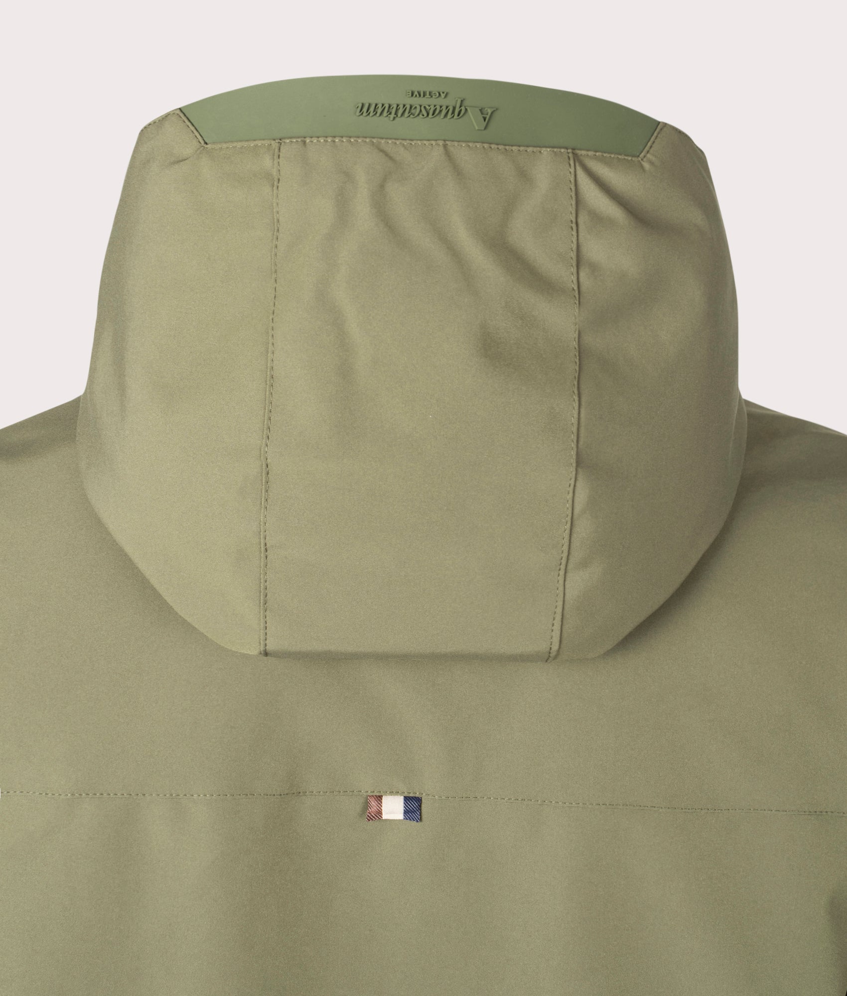 Shell Active Mid Parka Army Green by Aquascutum. Shot at EQVVS. Reverse detail shot. 