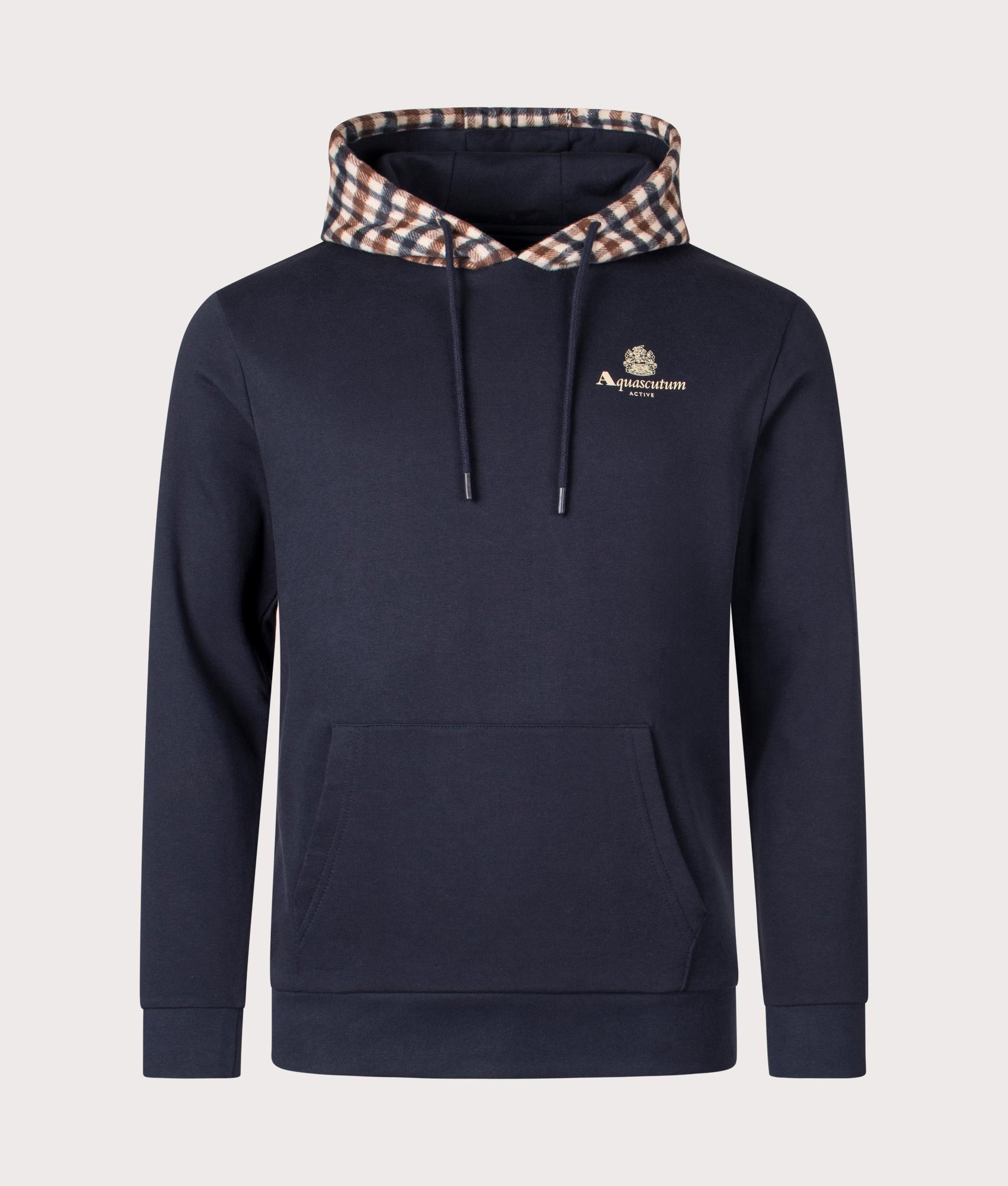 Aquascutum Active Club Check Merino Hoodie in Navy with Club Check Hood, 100% Organic Cotton. EQVVS Front Shot