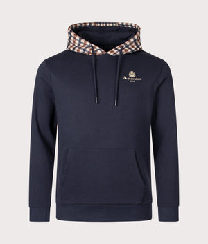 Aquascutum Active Club Check Merino Hoodie in Navy with Club Check Hood, 100% Organic Cotton. EQVVS Front Shot