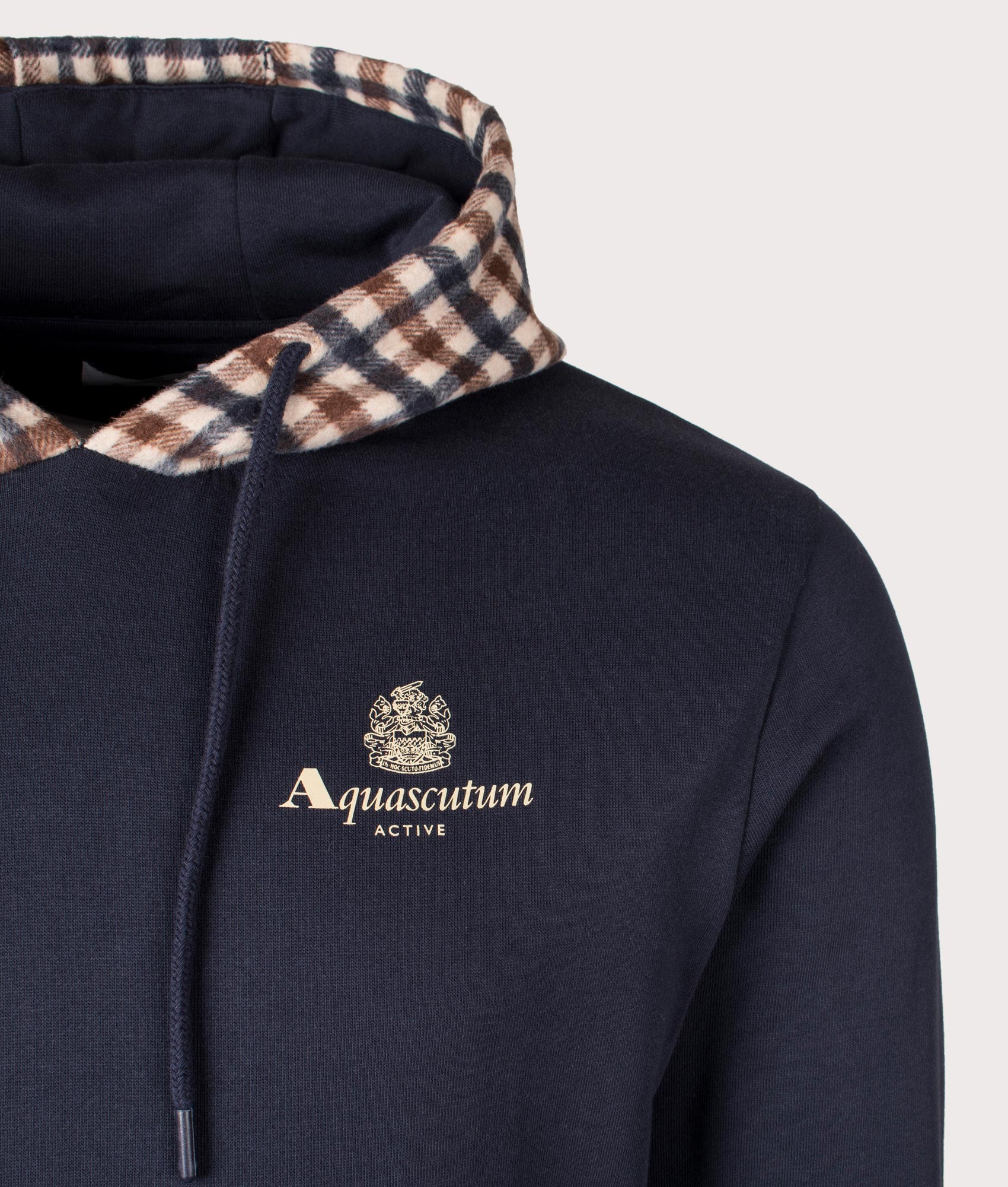 Aquascutum Active Club Check Merino Hoodie in Navy with Club Check Hood, 100% Organic Cotton. EQVVS Detail Shot