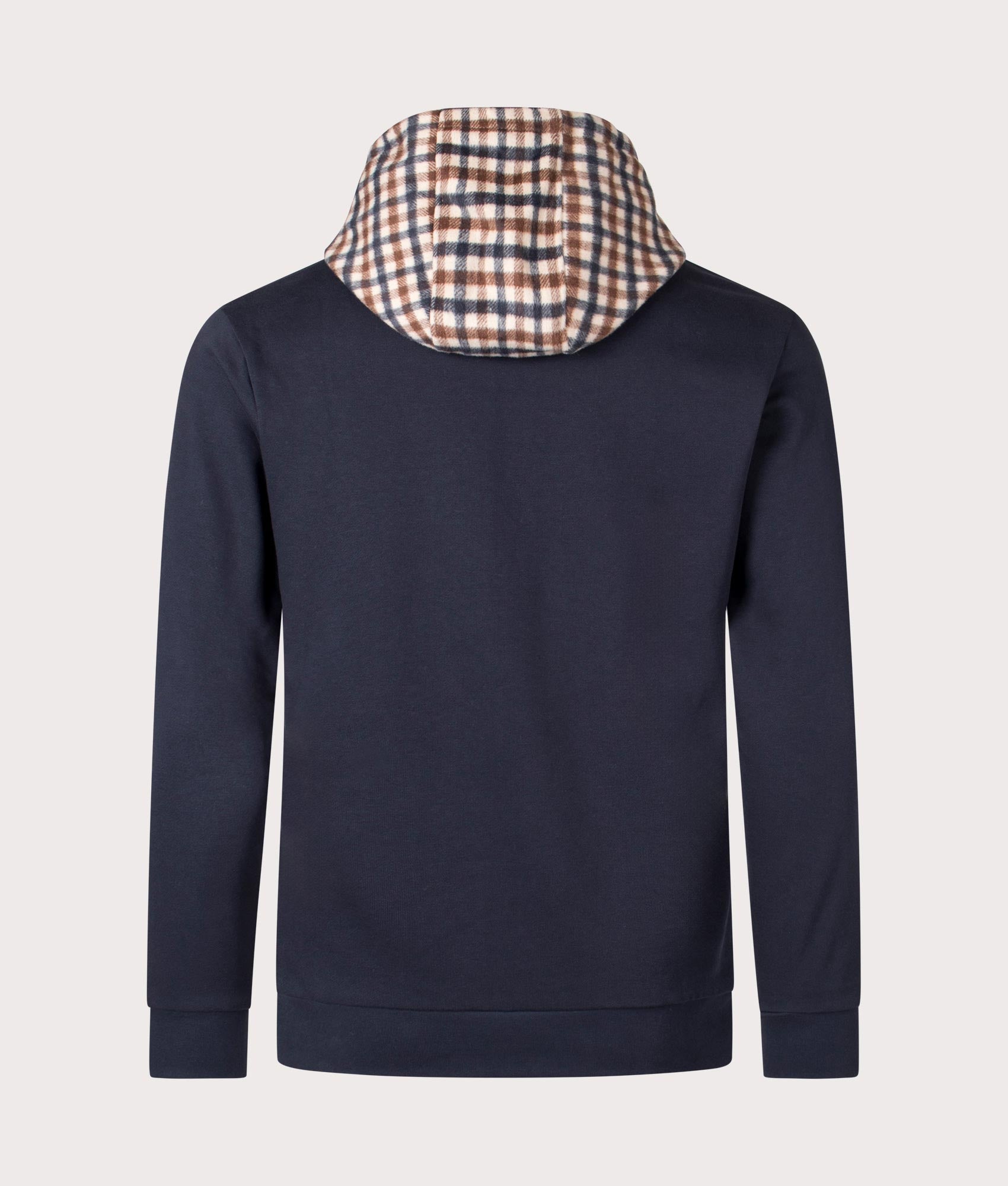 Aquascutum Active Club Check Merino Hoodie in Navy with Club Check Hood, 100% Organic Cotton. EQVVS Back Shot